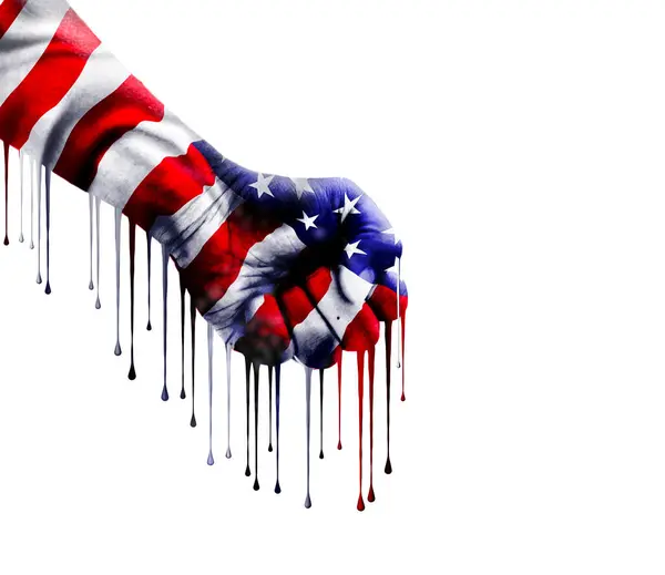 Amerikan bayrağıyla boyanmış, koyu mavi arka planda boya damlayan bir yumruk.
