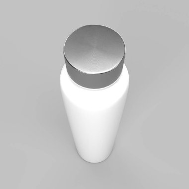 Parlak, minimalist, metal kapaklı beyaz bir spor şişesinin fotorealistik 3D görüntüsü, tarafsız gri bir arkaplana karşı sunuluyor.