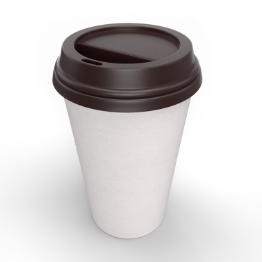 Gri arka planda duran koyu kahverengi kapaklı beyaz kağıt kahve fincanı.