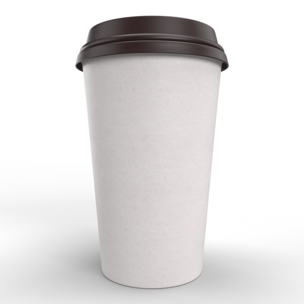 Gri arka planda duran koyu kahverengi kapaklı beyaz kağıt kahve fincanı.