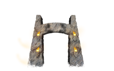 Gizemli alevlerle yanıp tutuşan taş kapı.