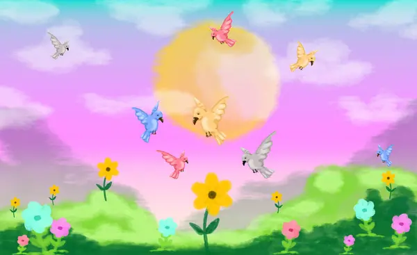 Renkli kuşlar, günbatımında çiçek açan bir tarlanın üzerinden uçarak huzurlu ve huzurlu bir manzara yaratıyorlar.