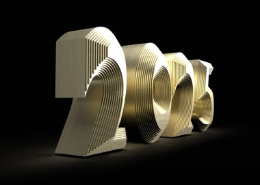 Parlak altın 2025 3d harfleri siyah arka planda yeni yıl kutlamalarını temsil ediyor.