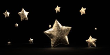 Gümüş yıldız şekilli balonlar, karanlık bir zemin üzerinde yüzerek, neşeli ve kutlayıcı bir atmosfer yaratırlar.