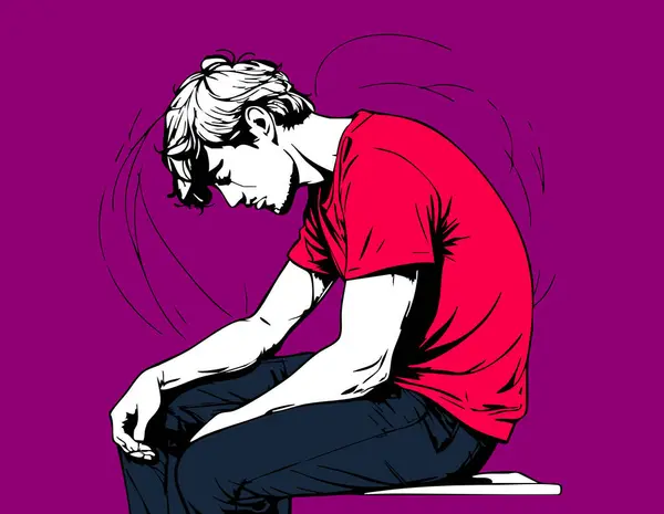 Depresyon ve yalnızlığı ifade eden üzgün bir gencin siyah ve beyaz çizimi.