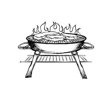 Hand-drawn image of a barbecue grill cooking meat over flames, perfect for summer cookout themes