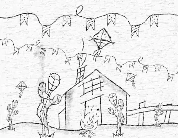 Çocuk, şenlik ateşi, bayraklar, uçurtmalar, kaktüsler ve kırsal kesimdeki çiftlik binalarıyla festival Junina kutlamalarını resmediyor.