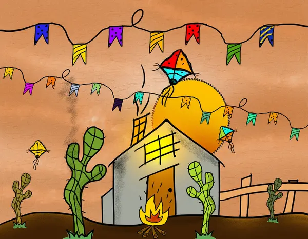 Şenlik sahnesi, renkli bayraklar, dalgalı uçurtmalar, şenlik ateşi, kaktüsler ve canlı bir günbatımı ile Festa Junina 'nın ruhunu yakalıyor.