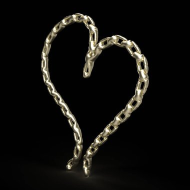 Altın zincir şeklindeki kalp, aşkı, bağlantıyı ve bağlılığı simgeliyor, siyah bir arka planda izole edilmiş.