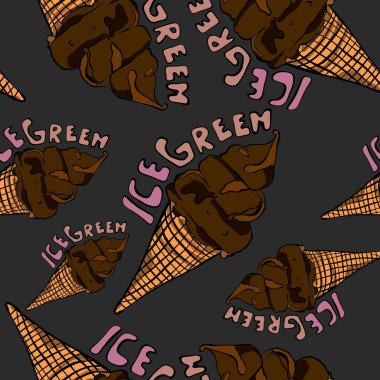 Buzlu yeşil yazıtlı çikolatalı dondurma külahları canlı pembe arka planda kusursuz bir kalıp oluşturuyor. Yaz ve yemek temalı projeler için mükemmel.