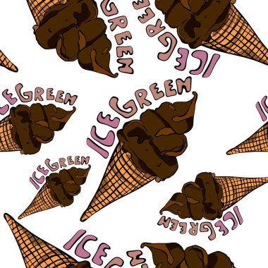 Buzlu yeşil yazıtlı çikolatalı dondurma külahları canlı pembe arka planda kusursuz bir kalıp oluşturuyor. Yaz ve yemek temalı projeler için mükemmel.