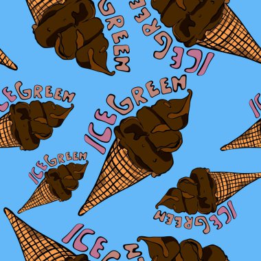 Buzlu yeşil yazıtlı çikolatalı dondurma külahları canlı pembe arka planda kusursuz bir kalıp oluşturuyor. Yaz ve yemek temalı projeler için mükemmel.