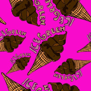 Buzlu yeşil yazıtlı çikolatalı dondurma külahları canlı pembe arka planda kusursuz bir kalıp oluşturuyor. Yaz ve yemek temalı projeler için mükemmel.