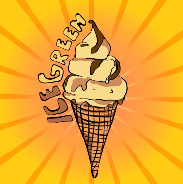 Lezzetli dondurma külahı yaz güneşi altında eriyor, çikolata sosu damlıyor.