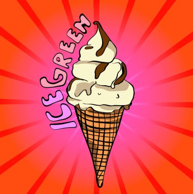 Lezzetli dondurma külahı yaz güneşi altında eriyor, çikolata sosu damlıyor.