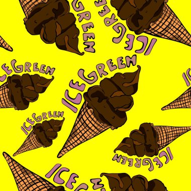 Buzlu yeşil yazıtlı çikolatalı dondurma külahları canlı pembe arka planda kusursuz bir kalıp oluşturuyor. Yaz ve yemek temalı projeler için mükemmel.