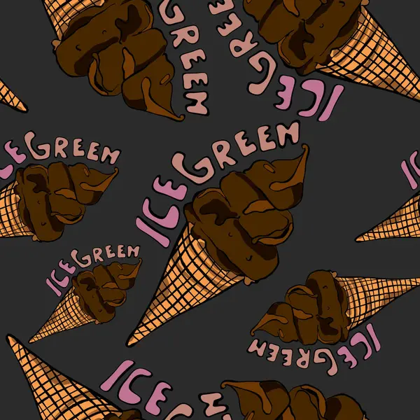 Buzlu yeşil yazıtlı çikolatalı dondurma külahları canlı pembe arka planda kusursuz bir kalıp oluşturuyor. Yaz ve yemek temalı projeler için mükemmel.