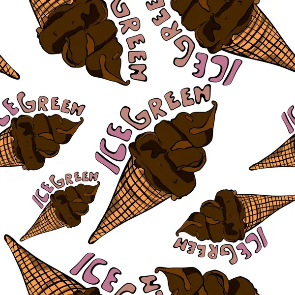 Buzlu yeşil yazıtlı çikolatalı dondurma külahları canlı pembe arka planda kusursuz bir kalıp oluşturuyor. Yaz ve yemek temalı projeler için mükemmel.