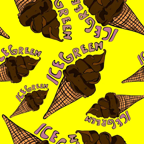 Buzlu yeşil yazıtlı çikolatalı dondurma külahları canlı pembe arka planda kusursuz bir kalıp oluşturuyor. Yaz ve yemek temalı projeler için mükemmel.