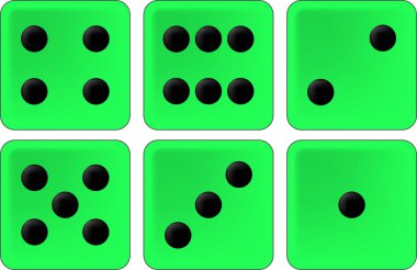 Birden altıya kadar farklı sayıları gösteren altı beyaz zar, tam kare şeklinde.