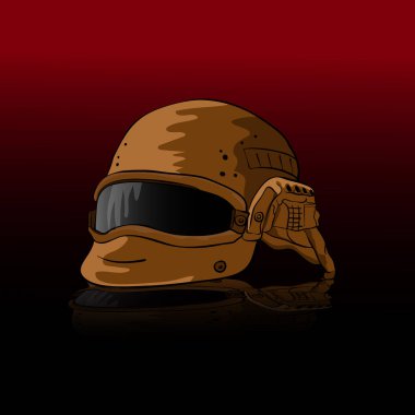 Koyu bir yüzeye yansıyan siperlikli taktik miğfer, kırmızı bir arka plana ayarlanmış, askeri hazırlık ve harekatı çağrıştırıyor.