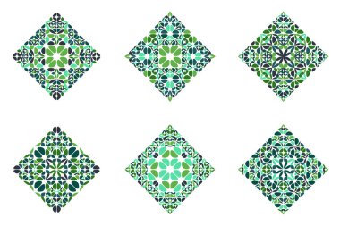 Geometrik süslemeli yalıtılmış kareli çiçek seti - beyaz arkaplanda renkli geometrik kare süslemeli vektör elementleri