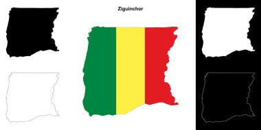 Ziguinchor region outline map set clipart