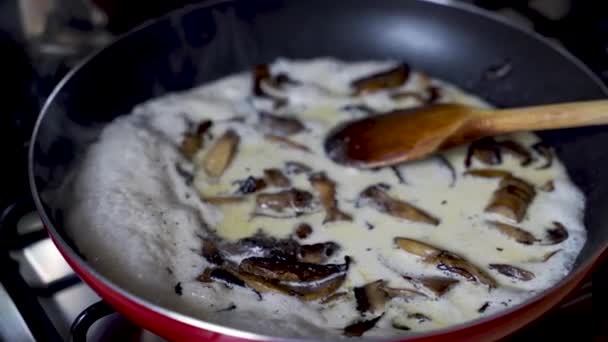 台所のシェフによってソテーされ 木製の棒と混合パンのミルククリームに浸されて調理されているクリーミーなキノコに塩を振りかける キノコのレシピの準備を飛ぶ — ストック動画