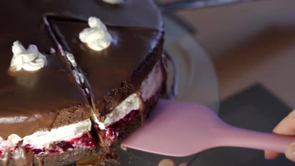 Großaufnahme Makroaufnahmen Des Polnischen Wuzetka Dessert Schokoladen Biskuitkuchens Der Auf — Stockvideo