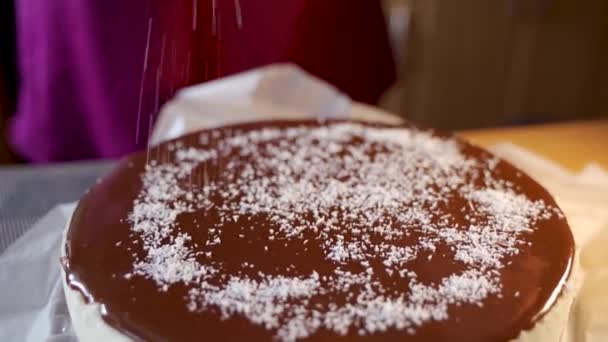 Close Coconut Flakes Sprinkled Chocolate Bounty Cake Delicious Dessert Close — Stock Video