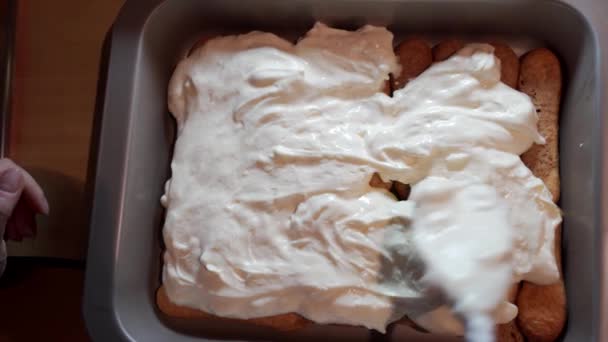 Spreading Mascarpone Cream Evenly Savoiardi Biscuits Preparation Tiramisu Top View — Stock video