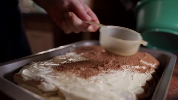 Close Shot Pouring Sprinkling Cocoa Powder Tiramisu Final Touches Italian — Stock videók