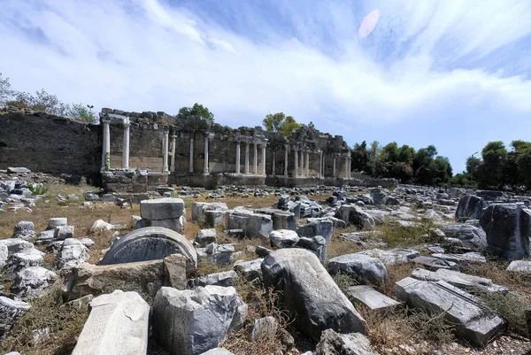 Ruins of the Nymphaeum monumental fountain in Side, Turkey. Nymphaeum, built in the 2nd century AD, lays outside the city walls opposite the city gate.