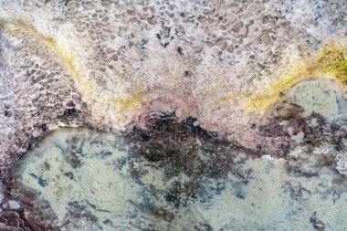 Pamukkale 'nin travertin teraslarında açık pembe, sarı ve kahverengi renkleri harmanlayan eşsiz hücresel desenli maden yataklarının yakın çekimi..