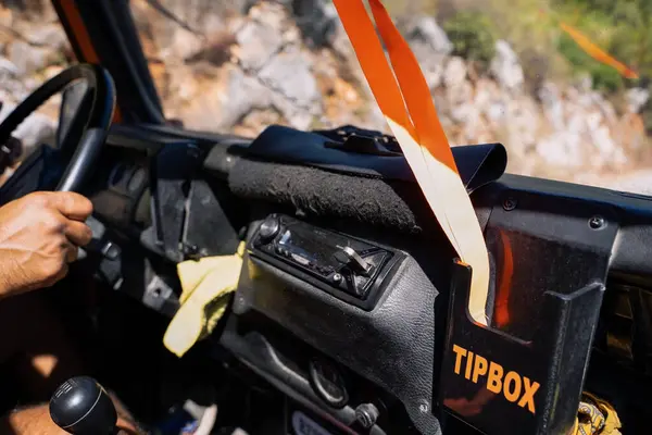 stock image Close-up of an off-road vehicle's dashboard with a tip box, highlighting adventure in the Antalya region under sunny weather.