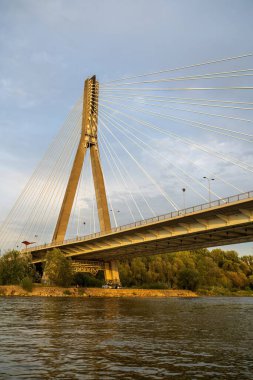 Açık bir gökyüzünün altında nehir boyunca uzanan kablolu bir asma köprü. Köprü, ağaçlar ve aşağıdaki suyla çevrili, altın ışığı yansıtan uzun bir köprü. Varşova, Polonya