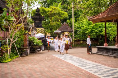 Bali, Endonezya - 29 Kasım 2023: Yeşilliklerle çevrili bir tapınakta yapılan kültürel ayin sırasında Balili yerlileri geleneksel giysiler içinde yakalayan huzurlu bir an.