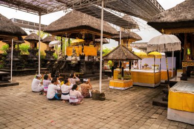 Bali, Endonezya - 29 Kasım 2023: Fanatikler toplu ibadet ritüeli için renkli şemsiyelerle süslenmiş huzurlu bir tapınak avlusunda toplandılar..