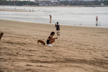 Bali, Endonezya, 11 Kasım 2023: Bir kadın köpeğiyle birlikte kumlu bir Bali sahilinde çömelmiş, etrafı dağınık sahil sakinleri ve arka planda sakin bir kıyı şeridi ile çevrili..