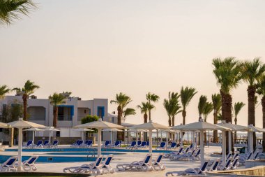 Cairo, Egypt - September 11, 2023: Tranquil beachside resort featuring a pool, palm trees, and lounging chairs under umbrellas, creating a serene holiday ambiance.