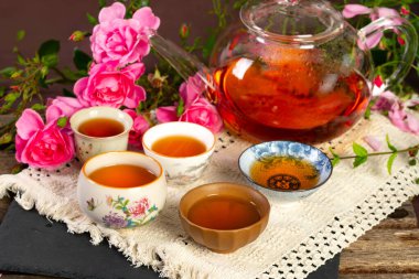 Çin çaydanlığı ve çay fincanları.