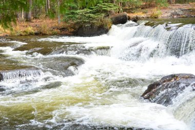 Ekim 'in ortalarında Michigan Yarımadası' ndaki Ontonagon Nehri boyunca akan sular. Birleşen sular, Bond Şelalesi olarak bilinen ana şelalenin yukarısında büyük bir havuzda buluşur.. 