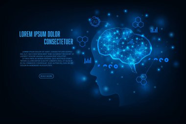 Vektör yapay zeka donanım konsepti. Mavi ışık parlayan bağlantı hologram insan beyni.