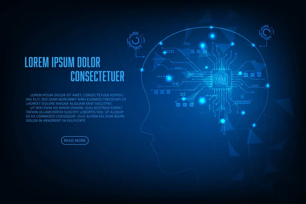 Conceito Inteligência Artificial Vetorial Cabeça Humana Azul Holograma Microchip Luz — Vetor de Stock