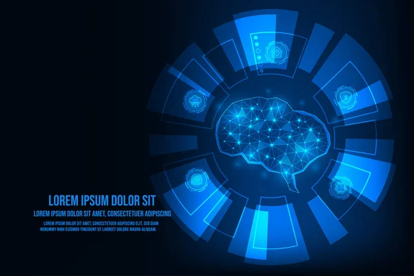 ベクトル人工知能の概念 青い光輝く接続ホログラム脳 — ストックベクタ
