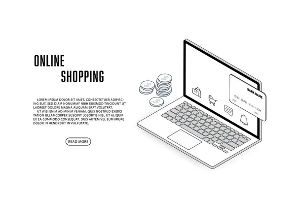 Vector Line Isometric Laptop Online Shopping Concept - Stok Vektor