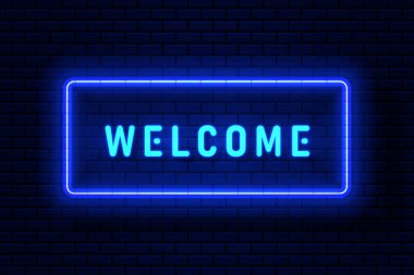 Koyu mavi üstüste dizayn edilmiş mavi çerçeveli neon ışığın vektör karşılaması. Fütürist teknoloji geçmişi.