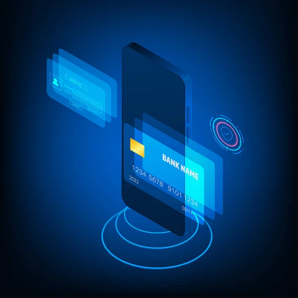 Teknologi Vektor Isometrik Aplikasi Online Banking Pembayaran Dengan Kartu Kredit - Stok Vektor