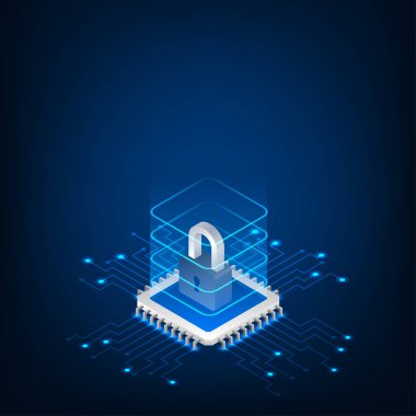 Vektör izometrik güvenlik Cpu mikroçip dijital ve teknoloji kavramı.