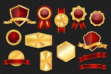 Vektör altın ve kırmızı rozetler birinci sınıf lüks, yuvarlak promosyon dekorasyon elementi.